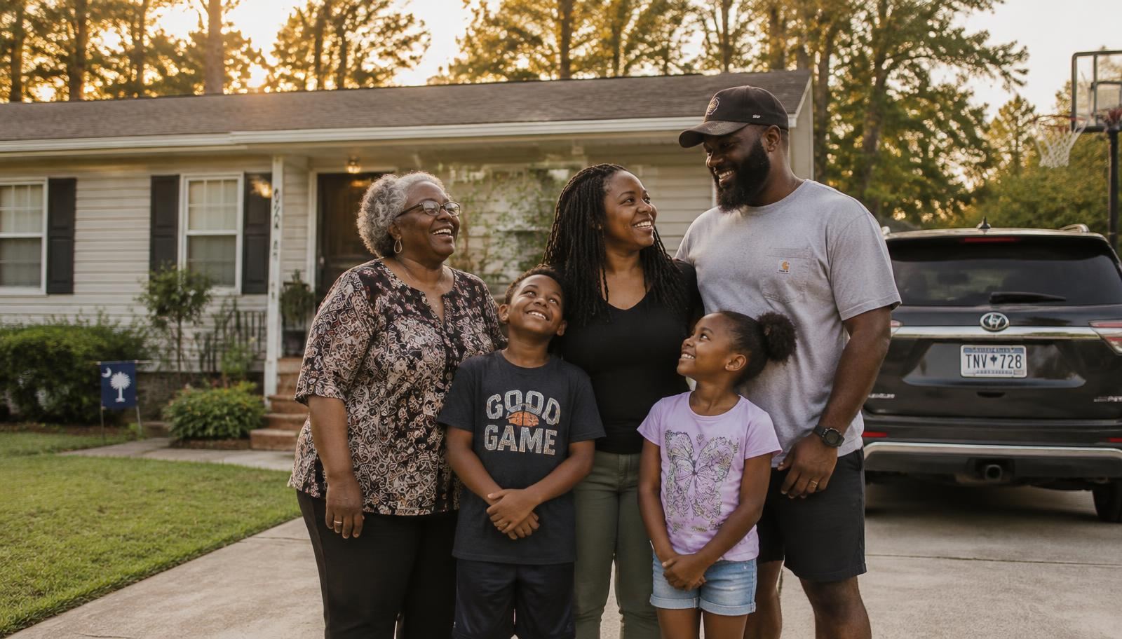 A multigenerational family standing together in the driveway of their South Carolina home at sunset